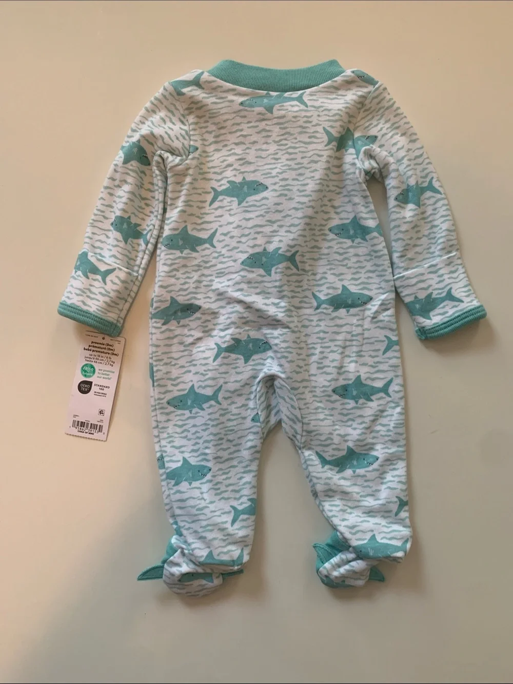 NWT Carter's Aqua and White Shark Zip-Up Footed One-Piece Size Preemie